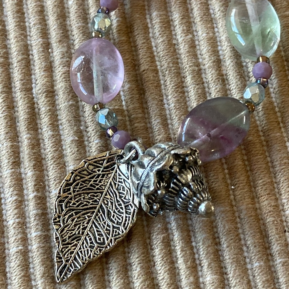 Fluorite Oval Beaded Necklace w Shell & Leaf Pendant Sterling Silver Clasp